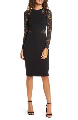 French Connection Viven Lace & Mesh Sleeve Body-Con Dress in Black