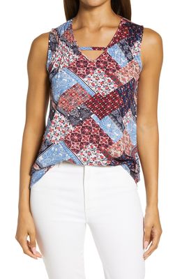 Loveappella Mix Print Gathered Shoulder Cutout Tank in Navy/Red