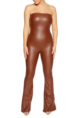 Naked Wardrobe Strapless Faux Leather Jumpsuit in Brown