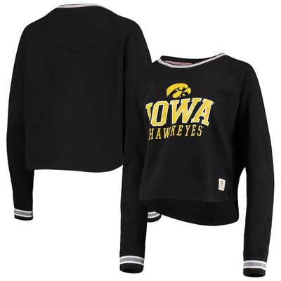 Women's Pressbox Black Iowa Hawkeyes Cali Cozy Raglan Crop Pullover Sweatshirt