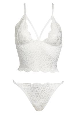 Coquette Strappy Lace Crop Top & Open Gusset Panties Set in White
