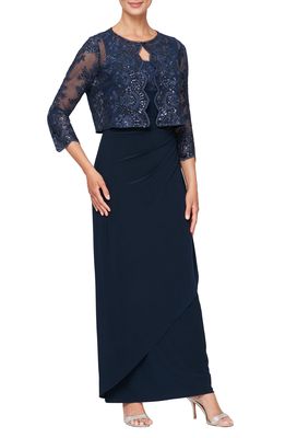 Alex Evenings Embroidered Empire Gown with Jacket in Navy
