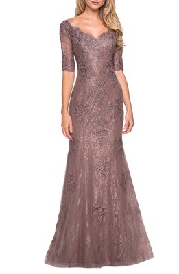 La Femme Beaded V-Neck Lace Gown in Cocoa