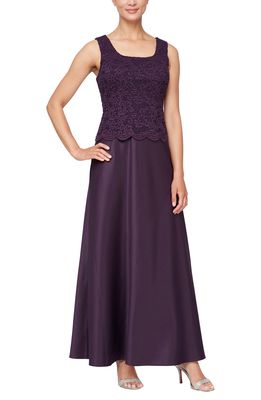 Alex Evenings Embroidered Lace Mock Two-Piece Gown with Jacket in Eggplant