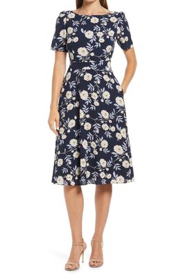 Harper Rose Floral Puff Sleeve Fit & Flare Dress in Navy