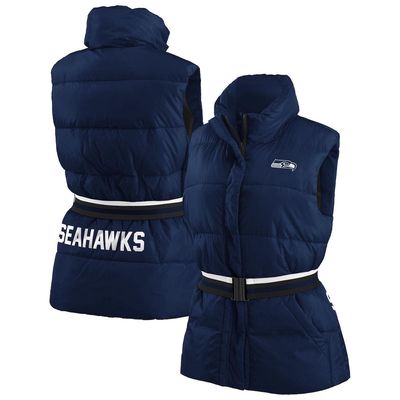 Women's WEAR by Erin Andrews College Navy Seattle Seahawks Full-Zip Puffer Vest with Belt