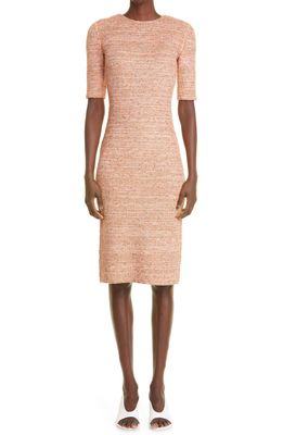 St. John Collection Elbow Sleeve Boucle Tweed Knit Sheath Dress in Medium Brown Multi