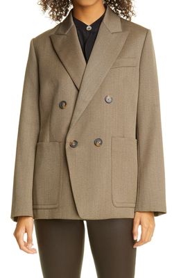 Vince Double Breasted Tailored Wool Blend Twill Blazer in Olive Melange
