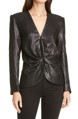 Smythe Metallic Ruched Long Sleeve Silk Blouse in Black Lame