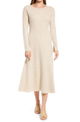 Nordstrom Rib Long Sleeve Midi Sweater Dress in Beige Oatmeal Light Heather