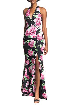 Dress the Population Shiloh Floral Print Halter Neck Gown in Black Multi