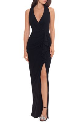 Betsy & Adam Ruched Ruffle Column Gown in Black