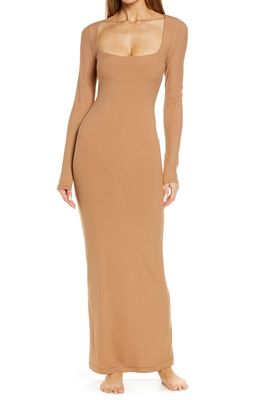 SKIMS Lounge Ribbed Long Sleeve Maxi Dress in Camel