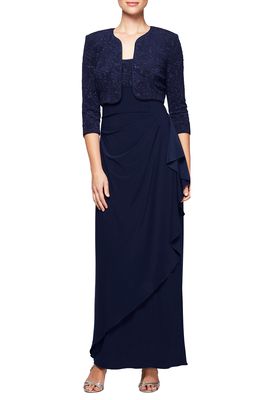 Alex Evenings Draped Column Gown with Bolero Jacket in Navy