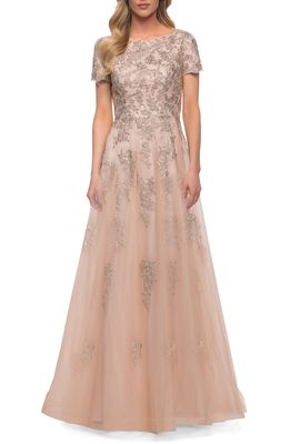 La Femme Lace & Tulle A-Line Gown in Nude