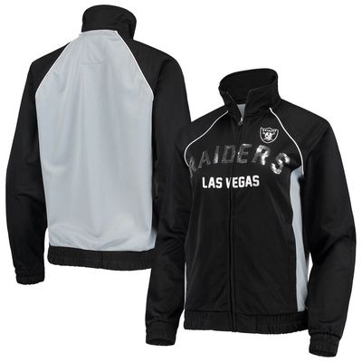 Women's G-III 4Her by Carl Banks Black/Silver Las Vegas Raiders Backfield Raglan Full-Zip Track Jacket