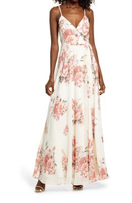Lulus Elegantly Inclined Floral Print Wrap Gown in Cream And Coral Floral Print