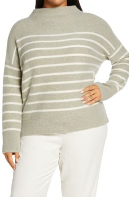 Vince Women's Breton Stripe Funnel Neck Cashmere Sweater in Light Heather Sage/off White