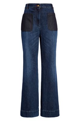 Victoria Beckham Alina Patch Pocket Wide Leg Flare Jeans in Dark Wash Contrast Pocket