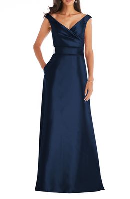 Alfred Sung Off the Shoulder Satin Gown in Midnight