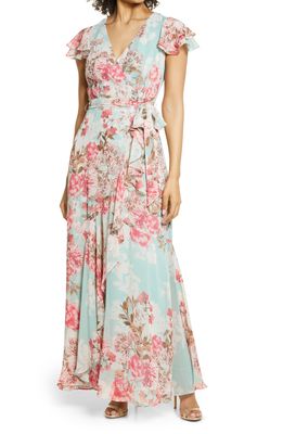 Eliza J Floral Flutter Sleeve Dress in Mint Multi