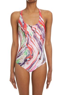 Acne Studios Witala Face Marble Print One-Piece Swimsuit in Neon Red