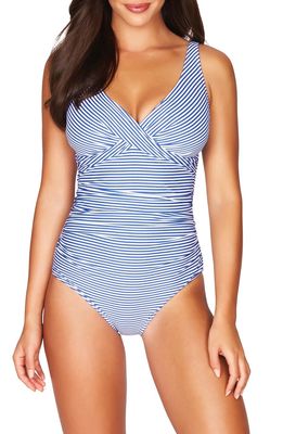 Sea Level Cross Front Stripe One-Piece Swimsuit in French Blue