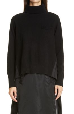 Sacai Contrast Pleated Back Wool Turtleneck Sweater in Black