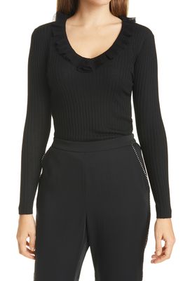 Ted Baker London Anyibel Ruffle V-Neck Sweater in Black