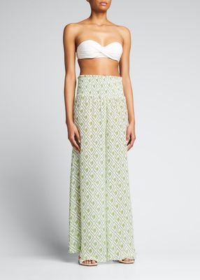 Smocked Wide-Leg Coverup Palm Pants