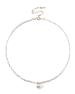 14k Gold Pearl Beaded Starburst Diamond Necklace