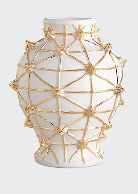 Golden Ceramic Crisscross Vase with Pink Gems