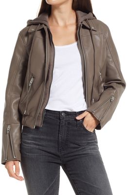BLANKNYC Faux Leather Bomber Jacket with Removable Hood in Weekend Retreat