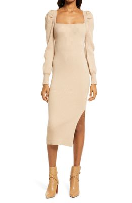Charles Henry Square Neck Tie Back Puff Long Sleeve Sweater Dress in Sand