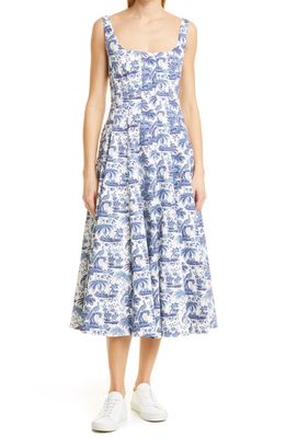 STAUD Wells Abstract Print Stretch Cotton Midi Dress in China Blue Toile