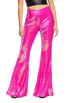 NICHOLE LYNEL THE LABEL Sequin Flare Leg Pants in Hot Pink