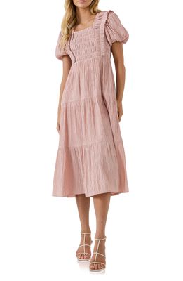 English Factory Smock Bodice Puff Sleeve Dress in Dusty Pink