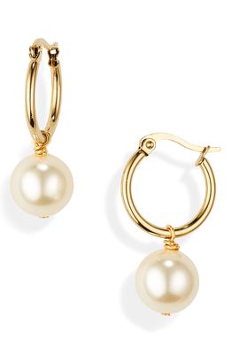 Shashi Freshwater Pearl Drop Hoop Earrings in Gold