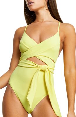 River Island Tie Wrap Front One-Piece Swimsuit in Light Yellow