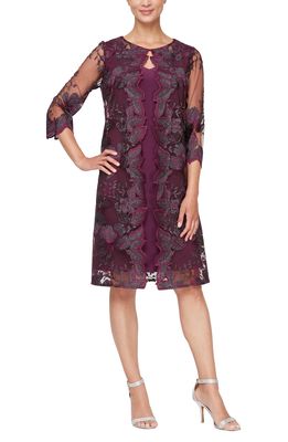 Alex Evenings Embroidered Mock Jacket Cocktail Dress in Plum