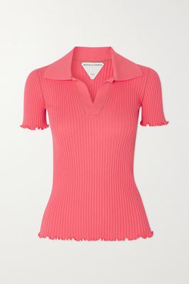 Bottega Veneta - Ruffled Ribbed Cotton Polo Shirt - Pink