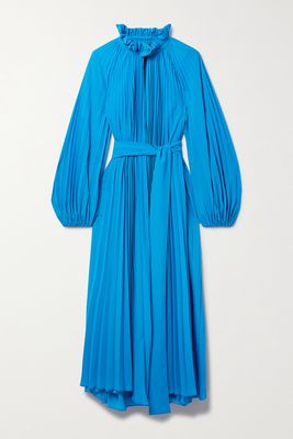 Monique Lhuillier - Belted Pleated Crepe Midi Dress - Blue