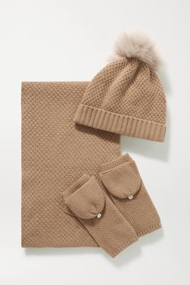 Portolano - Faux Fur-trimmed Cashmere Beanie, Gloves And Scarf Set - Brown