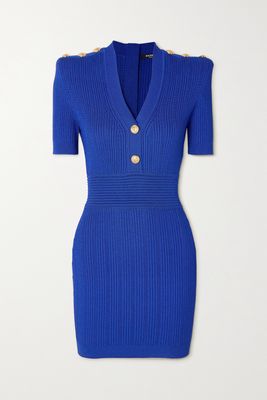 Balmain - Button-embellished Ribbed Pointelle-knit Mini Dress - Blue