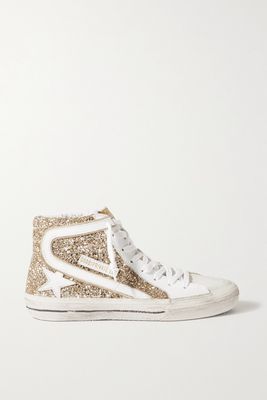 Golden Goose - Slide Distressed Glittered Leather High-top Sneakers - White