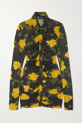 Richard Quinn - Ruched Floral-print Stretch-mesh Shirt - Yellow