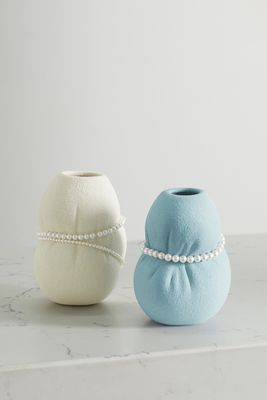 Completedworks - Set Of Two Faux Pearl-embellished Ceramic Vases - White
