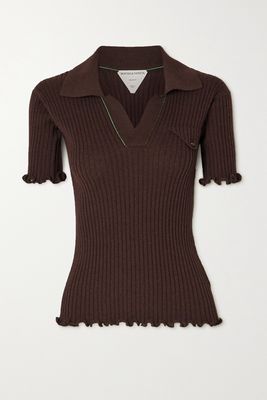 Bottega Veneta - Ruffled Ribbed Wool Polo Shirt - Brown