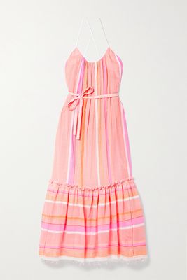 LemLem - Jikirti Belted Fringed Striped Cotton-blend Gauze Midi Dress - Pink