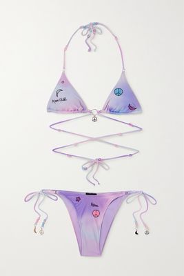 Leslie Amon - Flavia Embroidered Tie-dyed Triangle Bikini - Blue